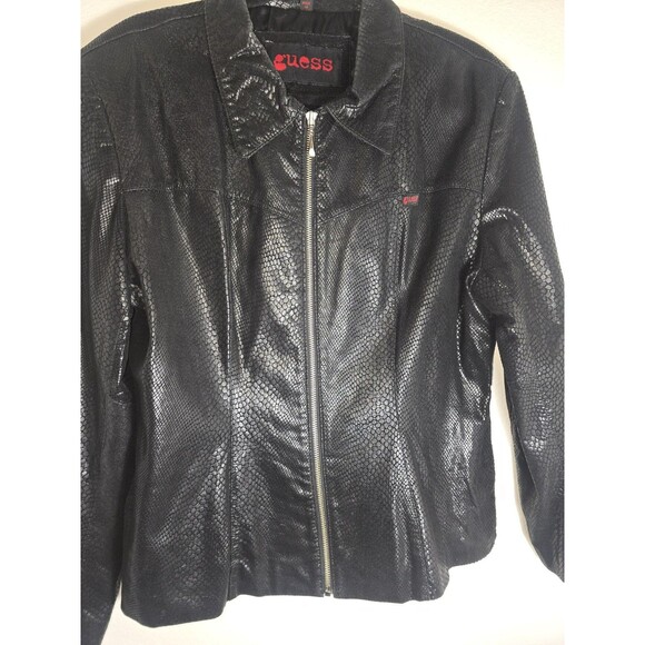 Vintage Y2K Guess Genuine Leather Jacket Reptile Embossed Zip Front Moto Large - Picture 2 of 16